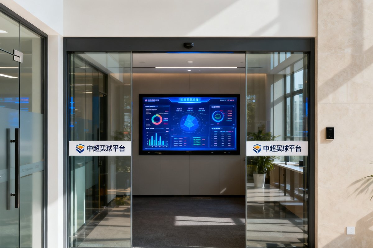 虹口足球场三层办公室入口，玻璃门上贴有中超买球平台标识，内部可见数据分析屏幕